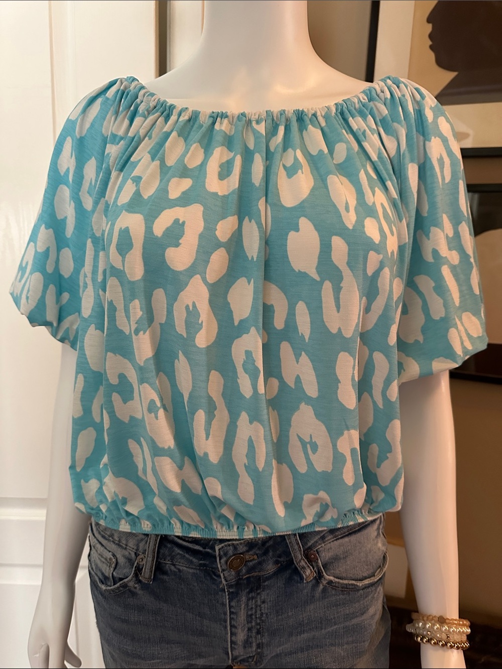 Sew In Love Turquoise and White Animal-Print Off-Shoulder Crop Top